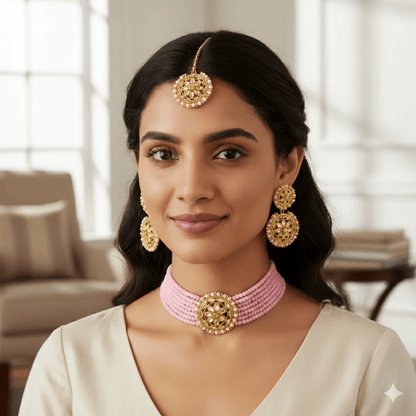 Elegant Pink Beaded Gold - Plated Kundan Choker Necklace Set with Earrings & Maang Tikka – Bridal/Party Wear Jewelry for Women & Girls - Roop Vibe