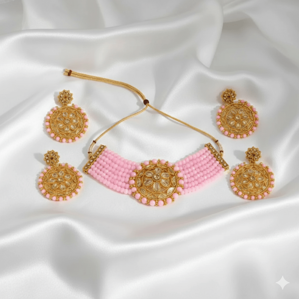 Elegant Pink Beaded Gold - Plated Kundan Choker Necklace Set with Earrings & Maang Tikka – Bridal/Party Wear Jewelry for Women & Girls - Roop Vibe