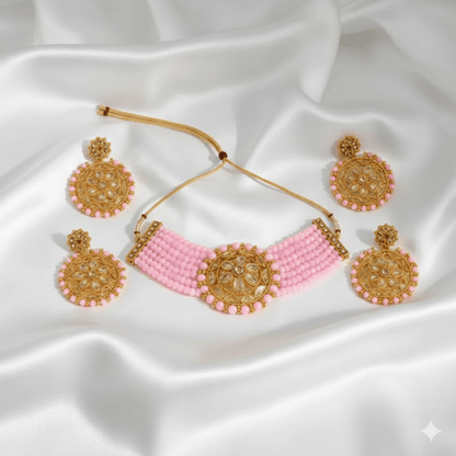 Elegant Pink Beaded Gold - Plated Kundan Choker Necklace Set with Earrings & Maang Tikka – Bridal/Party Wear Jewelry for Women & Girls - Roop Vibe