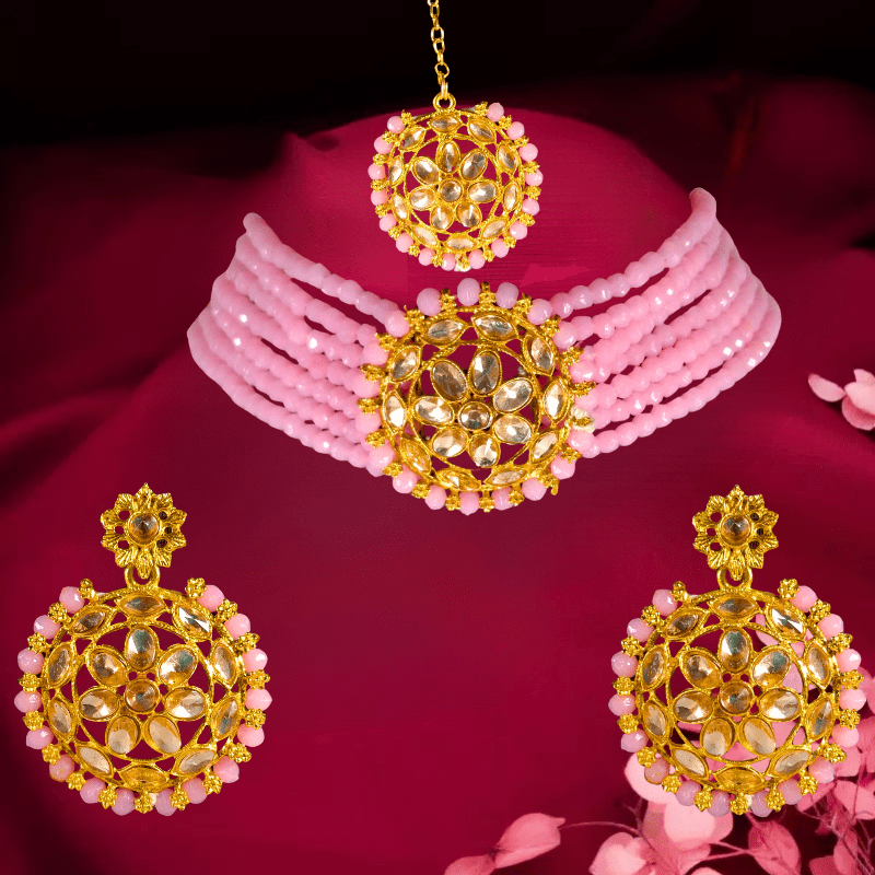 Elegant Pink Beaded Gold - Plated Kundan Choker Necklace Set with Earrings & Maang Tikka – Bridal/Party Wear Jewelry for Women & Girls - Roop Vibe