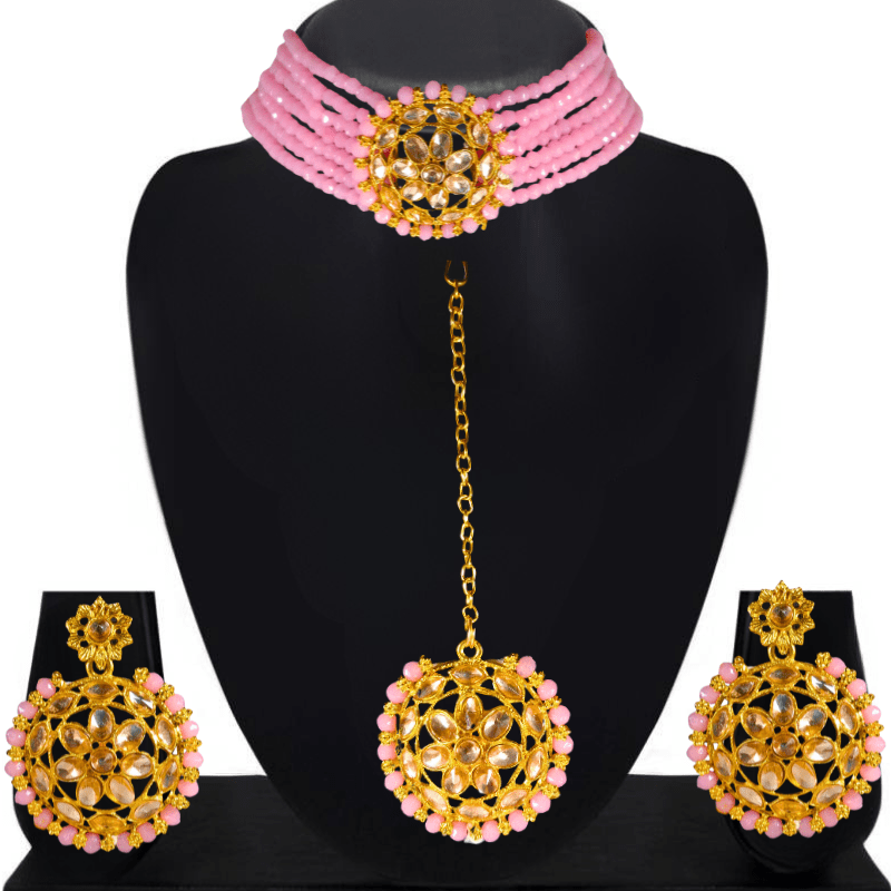 Elegant Pink Beaded Gold - Plated Kundan Choker Necklace Set with Earrings & Maang Tikka – Bridal/Party Wear Jewelry for Women & Girls - Roop Vibe