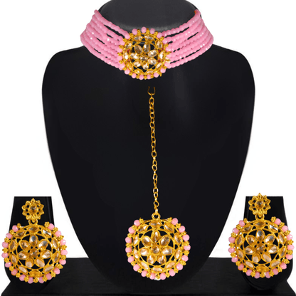 Elegant Pink Beaded Gold - Plated Kundan Choker Necklace Set with Earrings & Maang Tikka – Bridal/Party Wear Jewelry for Women & Girls - Roop Vibe