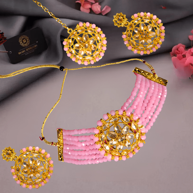 Elegant Pink Beaded Gold - Plated Kundan Choker Necklace Set with Earrings & Maang Tikka – Bridal/Party Wear Jewelry for Women & Girls - Roop Vibe