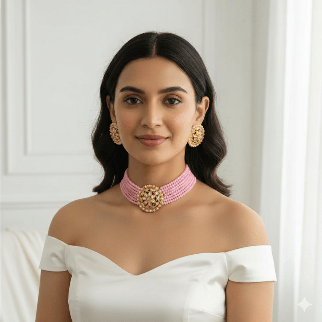 Elegant Pink Beaded Gold - Plated Kundan Choker Necklace Set with Earrings & Maang Tikka – Bridal/Party Wear Jewelry for Women & Girls - Roop Vibe