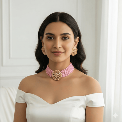 Elegant Pink Beaded Gold - Plated Kundan Choker Necklace Set with Earrings & Maang Tikka – Bridal/Party Wear Jewelry for Women & Girls - Roop Vibe