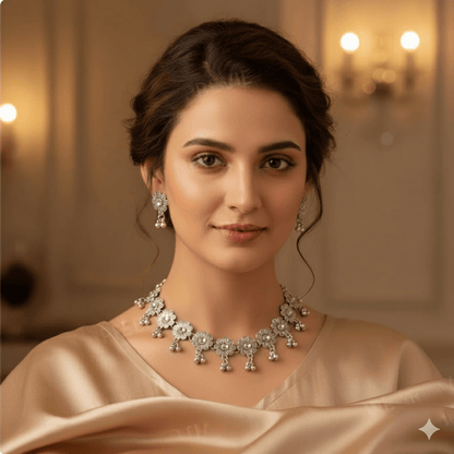 Elegant Silver - Plated Floral Necklace Set with Earrings for Women & Girls - Roop Vibe