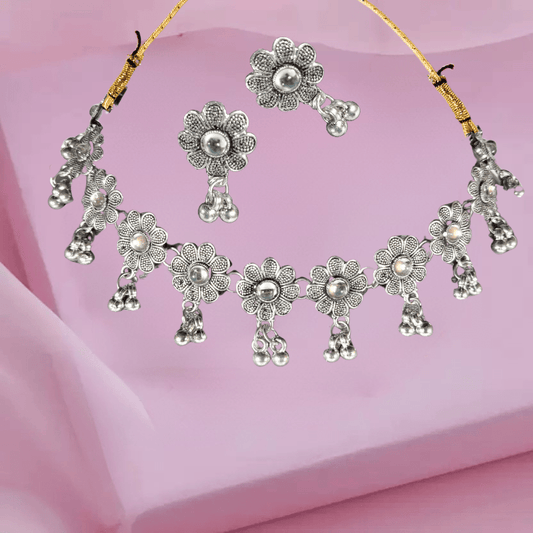 Elegant Silver - Plated Floral Necklace Set with Earrings for Women & Girls - Roop Vibe