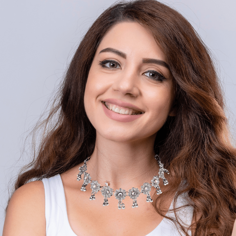 Elegant Silver - Plated Floral Necklace Set with Earrings for Women & Girls - Roop Vibe