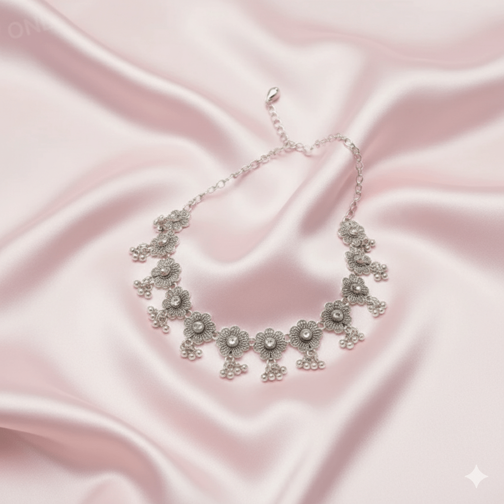 Elegant Silver - Plated Floral Necklace Set with Earrings for Women & Girls - Roop Vibe