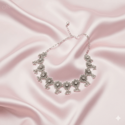 Elegant Silver - Plated Floral Necklace Set with Earrings for Women & Girls - Roop Vibe