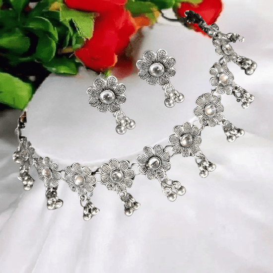 Elegant Silver - Plated Floral Necklace Set with Earrings for Women & Girls - Roop Vibe