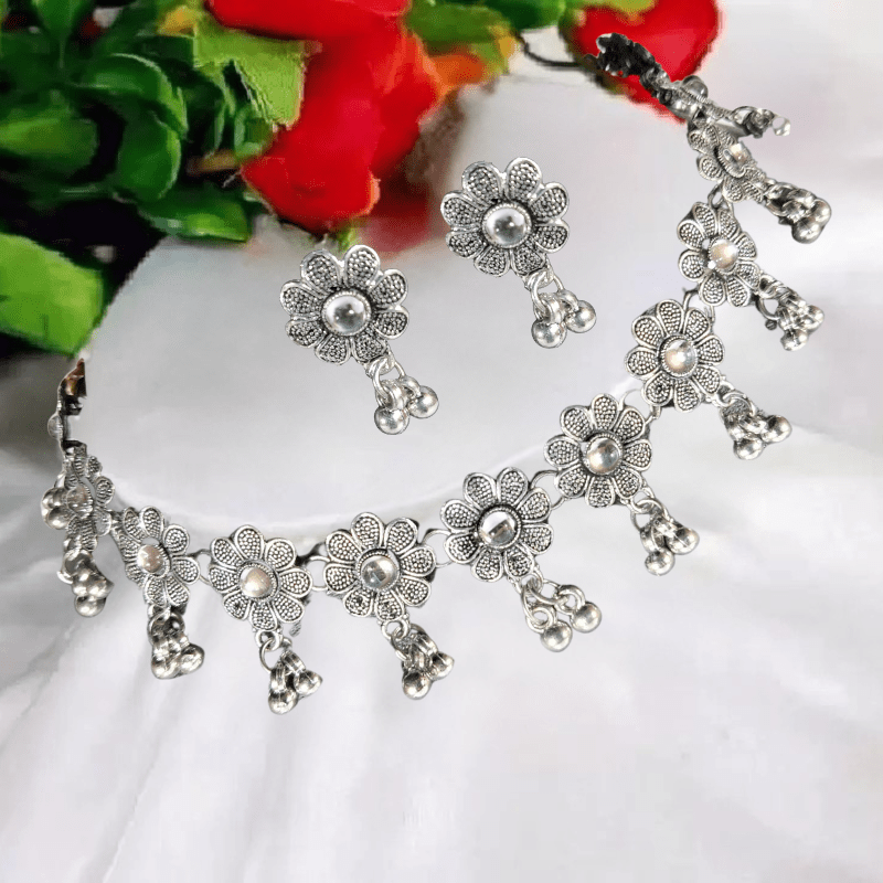 Elegant Silver - Plated Floral Necklace Set with Earrings for Women & Girls - Roop Vibe