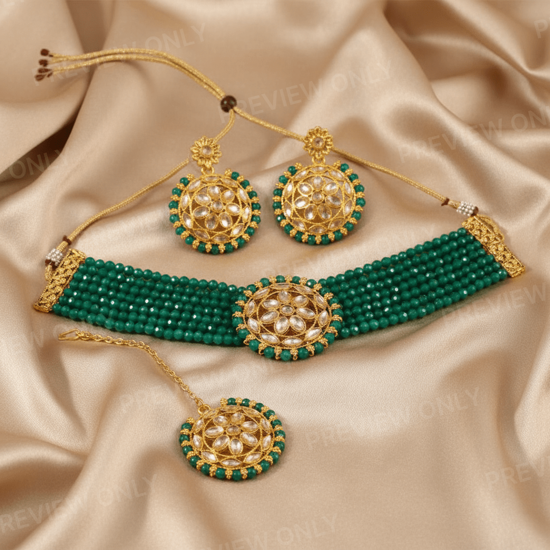Gold - Plated Kundan Green Beads Choker Necklace Set with Earrings for Women and Girls - Roop Vibe