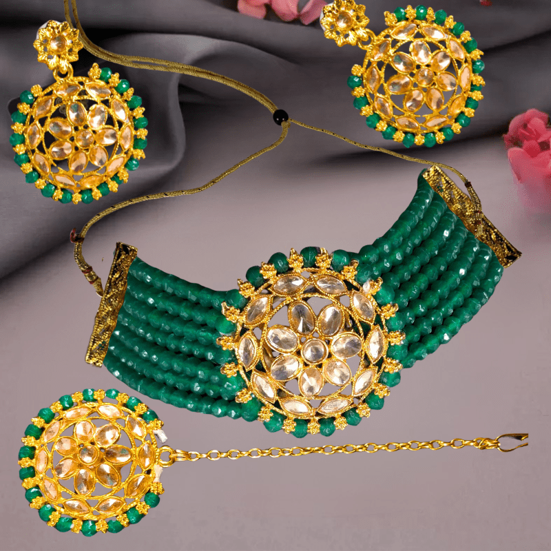 Gold - Plated Kundan Green Beads Choker Necklace Set with Earrings for Women and Girls - Roop Vibe