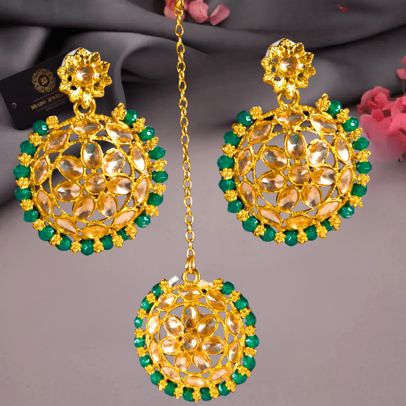 Gold - Plated Kundan Green Beads Choker Necklace Set with Earrings for Women and Girls - Roop Vibe