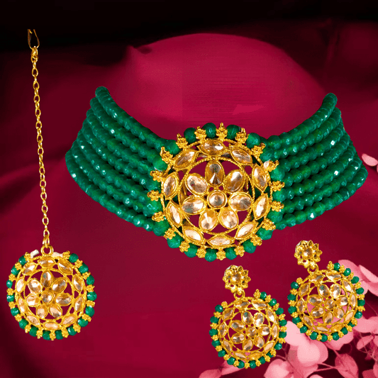 Gold - Plated Kundan Green Beads Choker Necklace Set with Earrings for Women and Girls - Roop Vibe