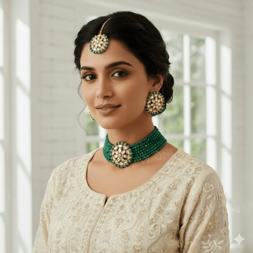 Gold - Plated Kundan Green Beads Choker Necklace Set with Earrings for Women and Girls - Roop Vibe