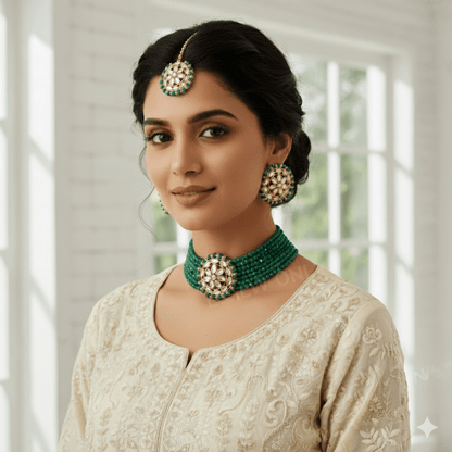 Gold - Plated Kundan Green Beads Choker Necklace Set with Earrings for Women and Girls - Roop Vibe