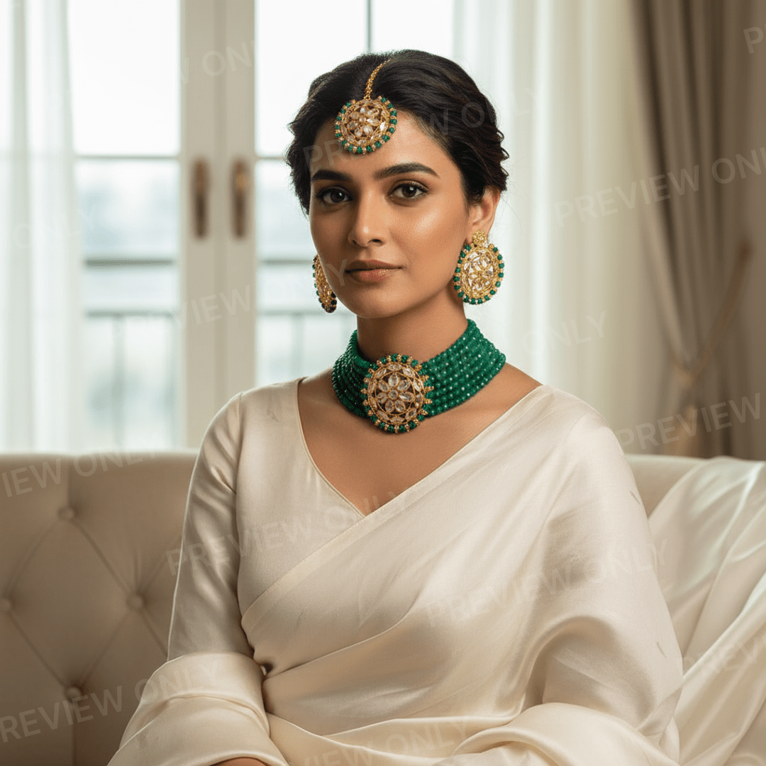 Gold - Plated Kundan Green Beads Choker Necklace Set with Earrings for Women and Girls - Roop Vibe