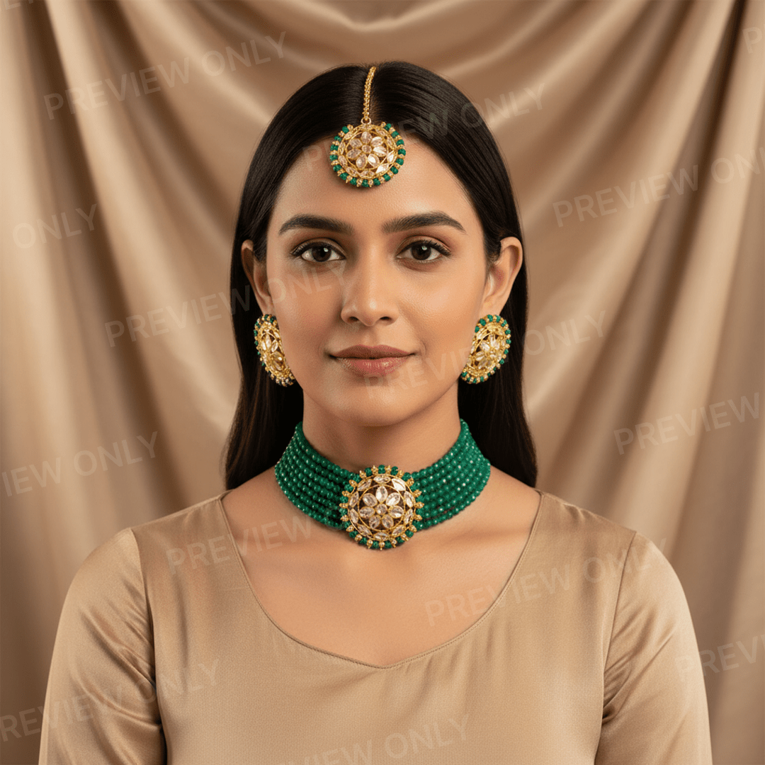 Gold - Plated Kundan Green Beads Choker Necklace Set with Earrings for Women and Girls - Roop Vibe