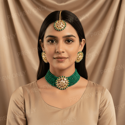 Gold - Plated Kundan Green Beads Choker Necklace Set with Earrings for Women and Girls - Roop Vibe