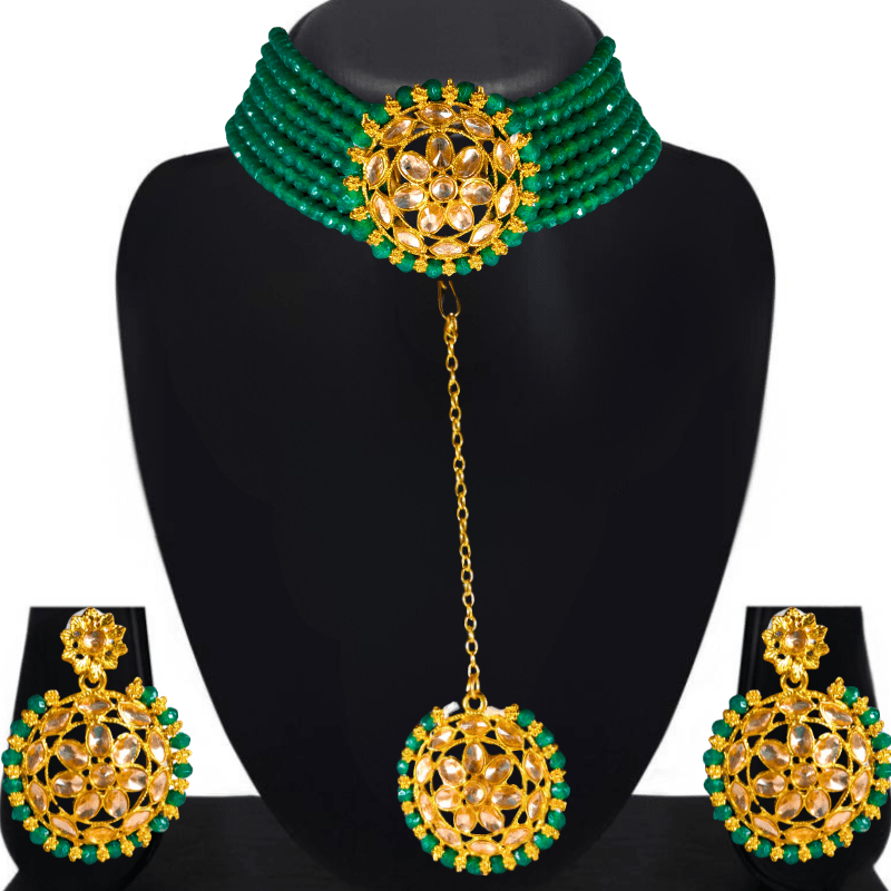 Gold - Plated Kundan Green Beads Choker Necklace Set with Earrings for Women and Girls - Roop Vibe