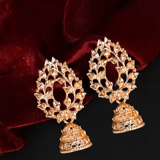 Gold Plated Leaf Design Traditional Jhumka Earrings for Women & Girls - Roop Vibe