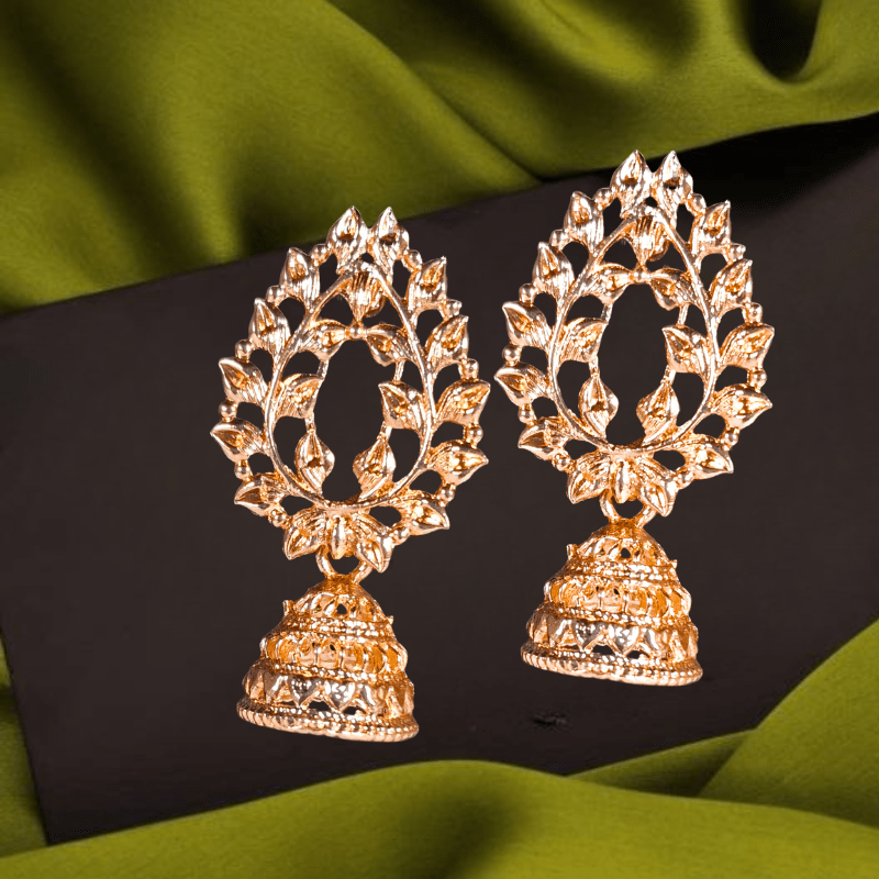 Gold Plated Leaf Design Traditional Jhumka Earrings for Women & Girls - Roop Vibe