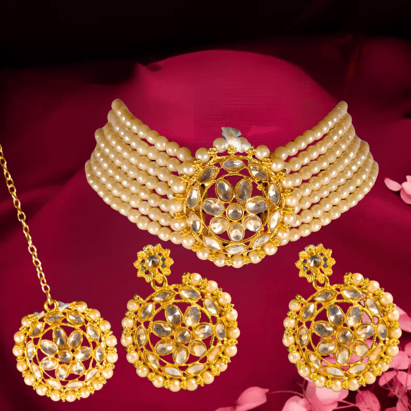 Gold - Plated Pearl Choker Necklace Set with Earrings & Long Pendant for Women & Girls | Traditional Bridal Jewelry - Roop Vibe