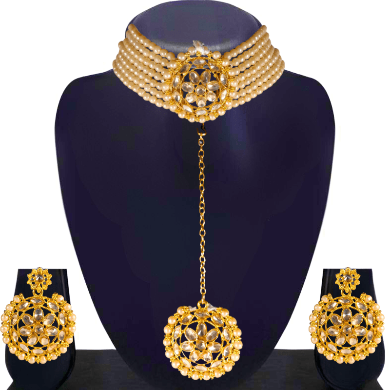 Gold - Plated Pearl Choker Necklace Set with Earrings & Long Pendant for Women & Girls | Traditional Bridal Jewelry - Roop Vibe