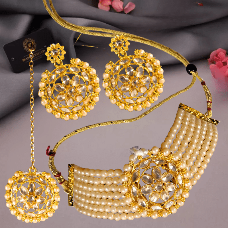 Gold - Plated Pearl Choker Necklace Set with Earrings & Long Pendant for Women & Girls | Traditional Bridal Jewelry - Roop Vibe