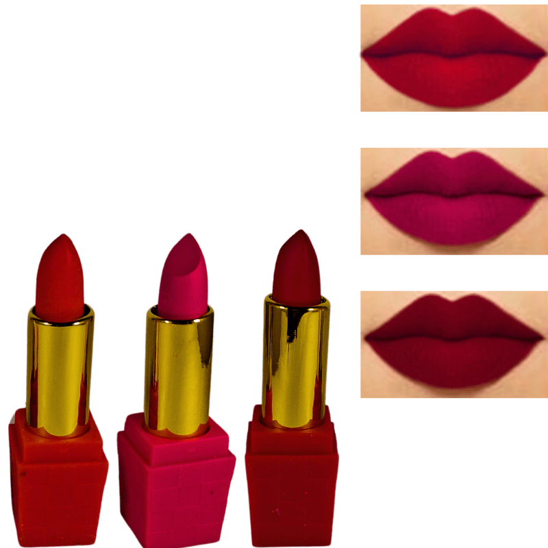 Matte Long - Lasting Lipstick Set of 3 – Bold Red, Deep Maroon & Hot Pink – Smudge - Proof & Waterproof - Roop Vibe