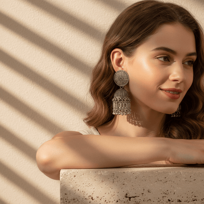 Oxidised Silver Jhumka Earrings for Women and Girls | Traditional Ethnic Dome Design Earrings - Roop Vibe
