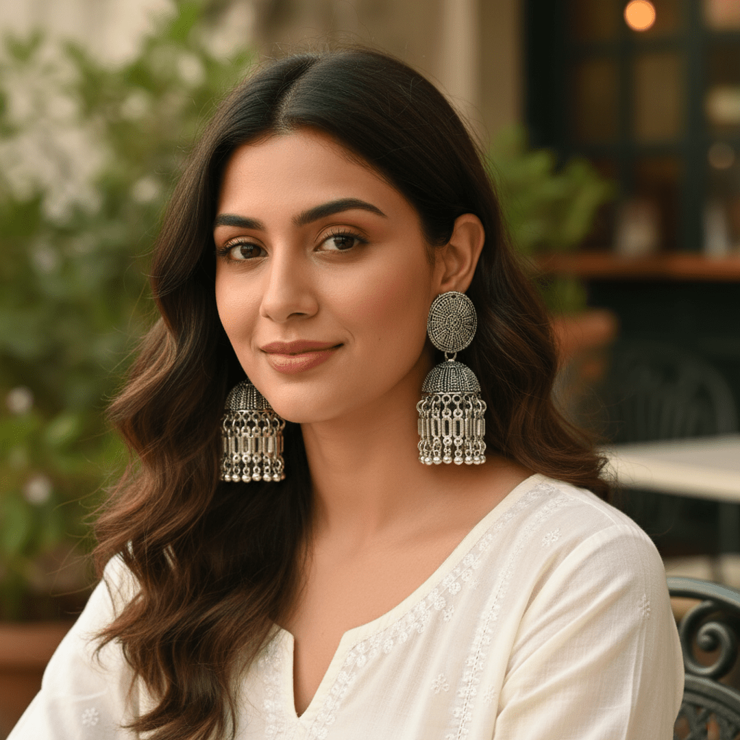 Oxidised Silver Jhumka Earrings for Women and Girls | Traditional Ethnic Dome Design Earrings - Roop Vibe