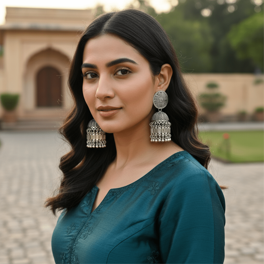 Oxidised Silver Jhumka Earrings for Women and Girls | Traditional Ethnic Dome Design Earrings - Roop Vibe