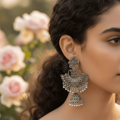 Oxidised Silver Plated Jhumka Earrings for Women & Girls | Traditional Ethnic Partywear Dangler Earrings - Roop Vibe