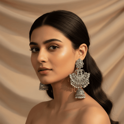 Oxidised Silver Plated Jhumka Earrings for Women & Girls | Traditional Ethnic Partywear Dangler Earrings - Roop Vibe