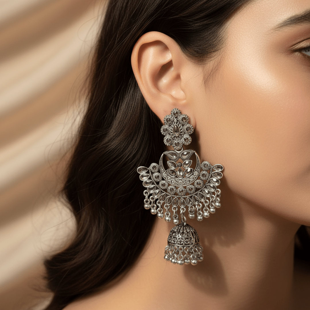 Oxidised Silver Plated Jhumka Earrings for Women & Girls | Traditional Ethnic Partywear Dangler Earrings - Roop Vibe