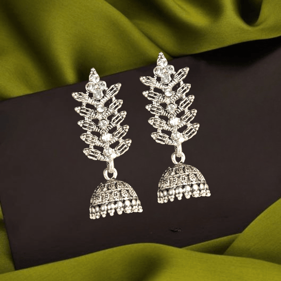 Oxidized Silver Plated Stone - Studded Leaf Design Jhumka Earrings for Women & Girls - Roop Vibe