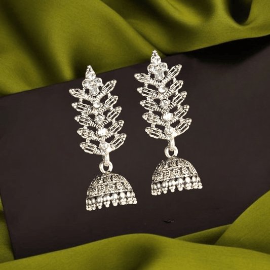 Oxidized Silver Plated Stone - Studded Leaf Design Jhumka Earrings for Women & Girls - Roop Vibe