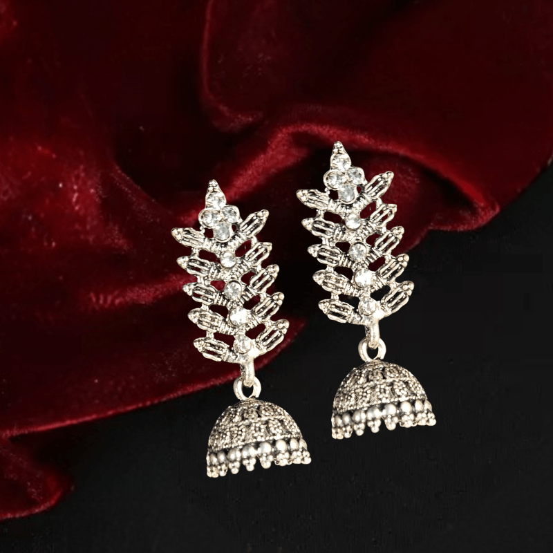 Oxidized Silver Plated Stone - Studded Leaf Design Jhumka Earrings for Women & Girls - Roop Vibe