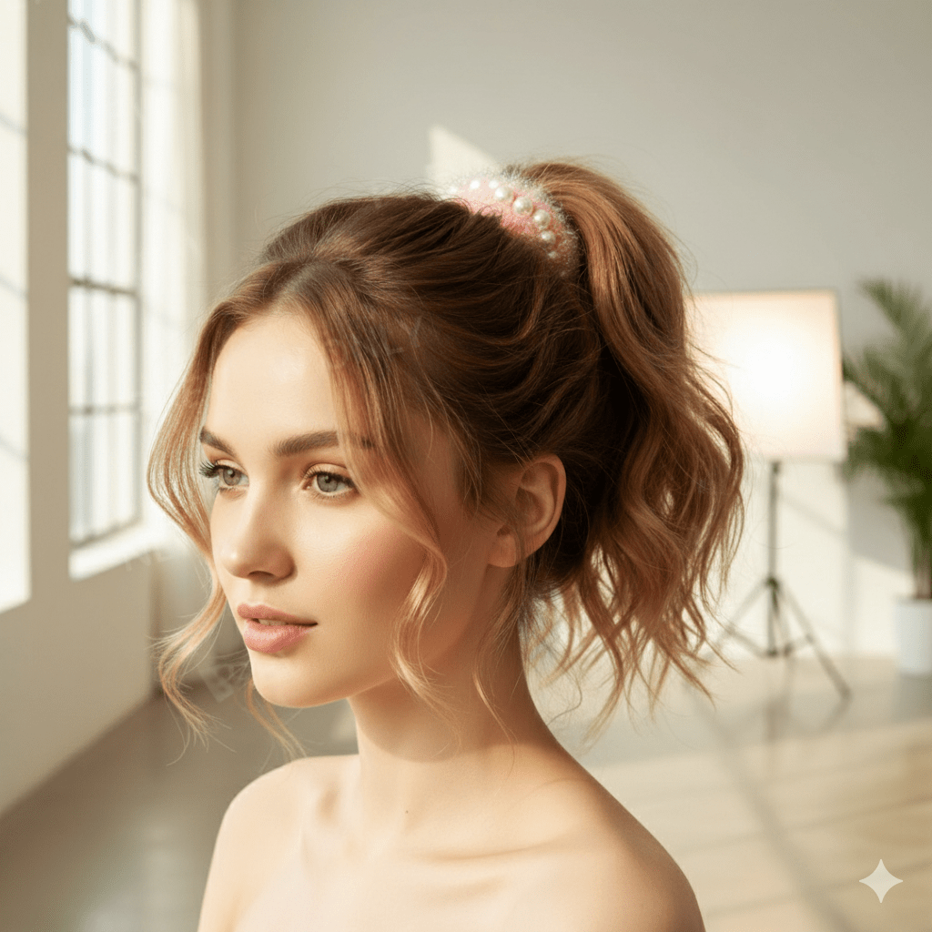 Premium Fluffy Fur Hair Scrunchies with Pearl Border – Soft Elastic Hair Bands for Women & Girls (Set of 4 Navy Blue, Green, Pink, and White) - Roop Vibe