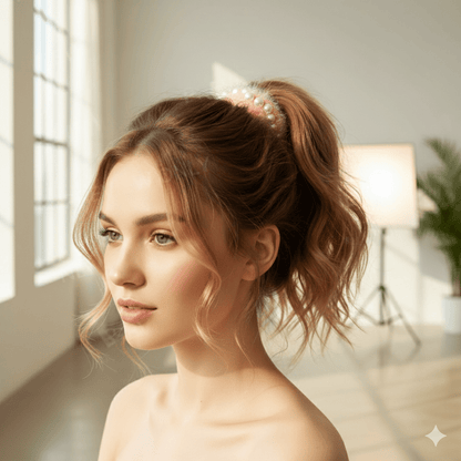 Premium Fluffy Fur Hair Scrunchies with Pearl Border – Soft Elastic Hair Bands for Women & Girls (Set of 4 Navy Blue, Green, Pink, and White) - Roop Vibe