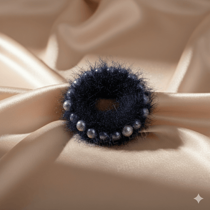 Premium Fluffy Fur Hair Scrunchies with Pearl Border – Soft Elastic Hair Bands for Women & Girls (Set of 4 Navy Blue, Green, Pink, and White) - Roop Vibe