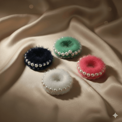 Premium Fluffy Fur Hair Scrunchies with Pearl Border – Soft Elastic Hair Bands for Women & Girls (Set of 4 Navy Blue, Green, Pink, and White) - Roop Vibe