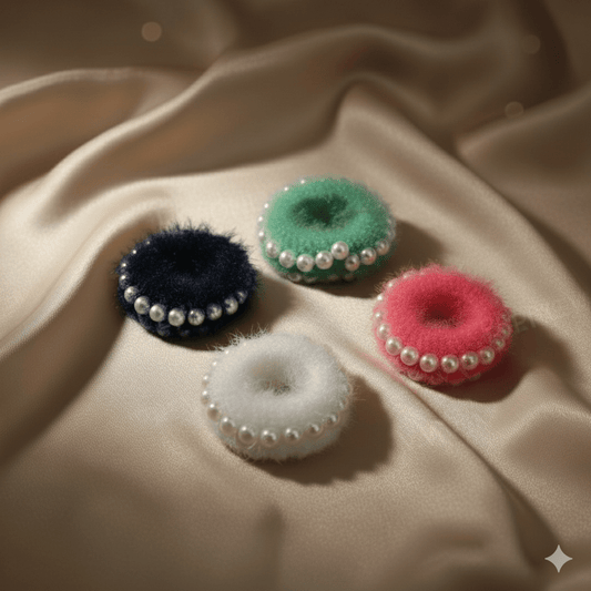 Premium Fluffy Fur Hair Scrunchies with Pearl Border – Soft Elastic Hair Bands for Women & Girls (Set of 4 Navy Blue, Green, Pink, and White) - Roop Vibe