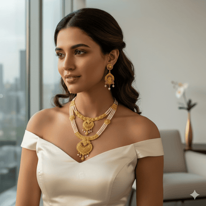 Royal Gold - Plated Pearl Bridal Necklace Set | Traditional Multi - Layered Indian Jewelry with Earrings - Roop Vibe