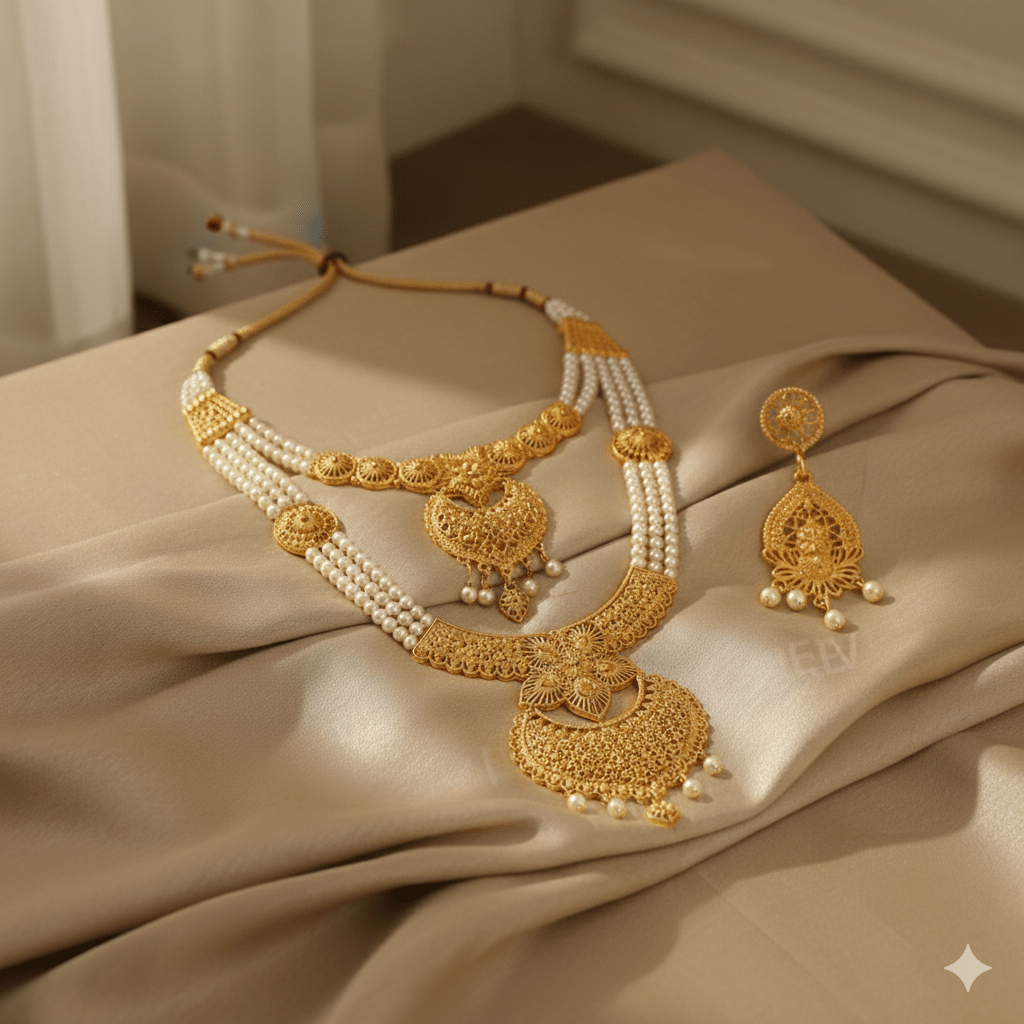 Royal Gold - Plated Pearl Bridal Necklace Set | Traditional Multi - Layered Indian Jewelry with Earrings - Roop Vibe