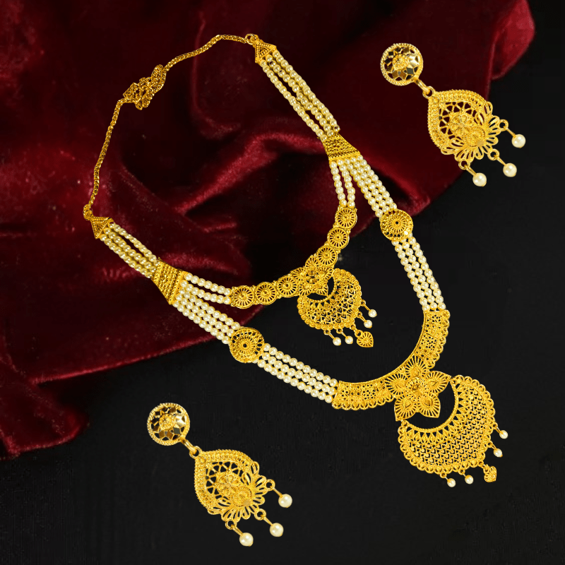 Royal Gold - Plated Pearl Bridal Necklace Set | Traditional Multi - Layered Indian Jewelry with Earrings - Roop Vibe