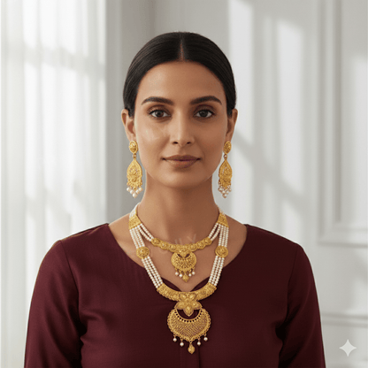 Royal Gold - Plated Pearl Bridal Necklace Set | Traditional Multi - Layered Indian Jewelry with Earrings - Roop Vibe